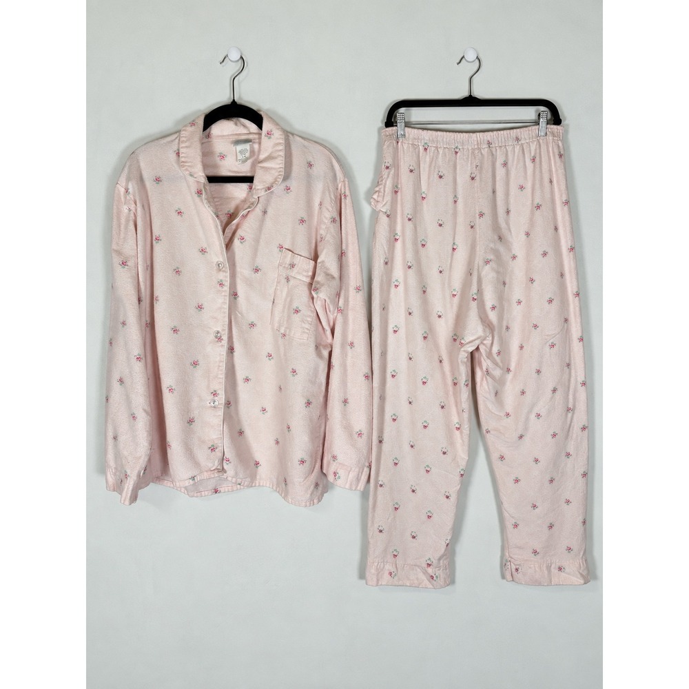 Merville Women's Vintage XXL Pink Floral Cotton Button Up Pajama Set Made in USA